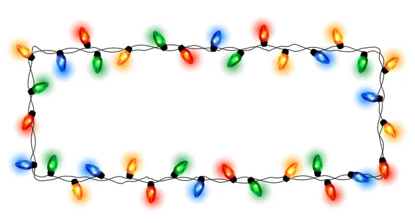 Noel ışıklarının sınırı, hafif iplik çerçevesi. Ampullü renkli bir Noel çerçevesi. Noel ışıkları dekoratif çelenkler. Şeffaf dekoratif çelenk. Xmas hafif sınır etkisi. Tatil dekorasyonu