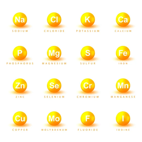 Minerali Macrominerali Microminerali Insieme Raccolta Illustrazione Nutrizionale Elementi Alimentari Minerali — Vettoriale Stock