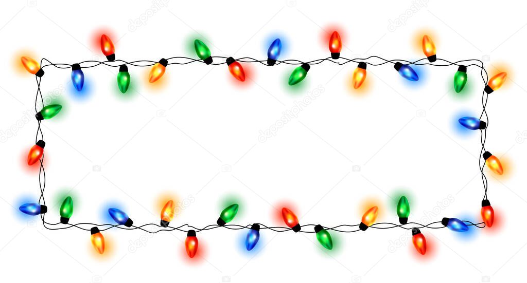 Christmas lights border, light string frame. Colorful Christmas frame with light bulb. Christmas lights decorative garland. Transparent decorative garland. Xmas light border effect. Holiday decor