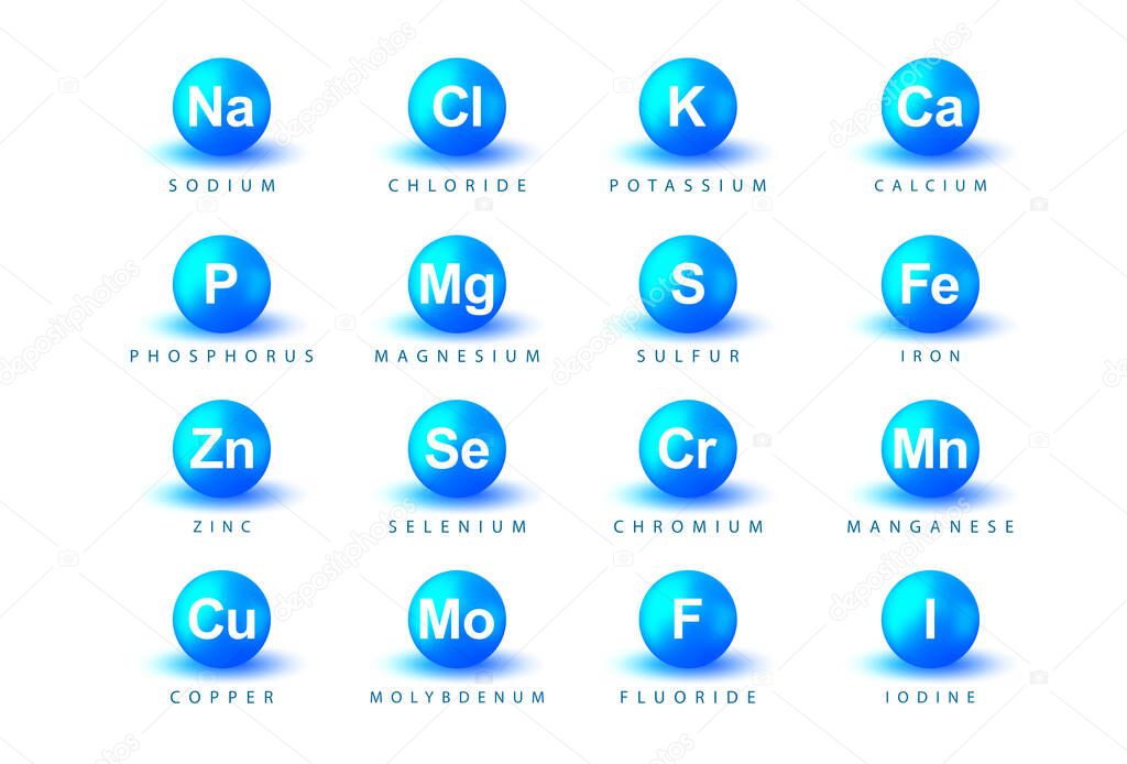Minerals. Macrominerals and microminerals set, collection. Na, Cl, K, Ca, P, Mg, S, Fe, Zn, Se, Cr, Mn, Cu, Mo, F, I. Nutrition illustration. Dietary elements. Minerals for life. Medical background