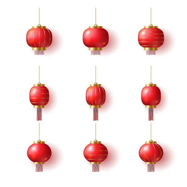 赤い吊るし提灯伝統的なアジアの装飾 中国の旧正月の装飾 中国の提灯祭り 現実的な3Dデザイン 中国のランタンコレクションのセット 中国の旧正月 — ストックベクタ