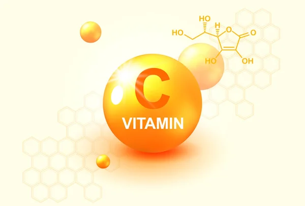 Vitamina Ouro Brilhante Ícone Cápsula Pílula Ácido Ascórbico Brilhante Gota — Vetor de Stock