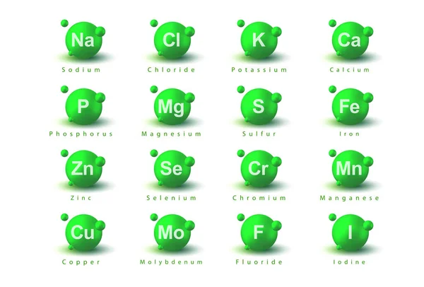 Minerály Makrominerály Mikrominerály Sbírka Nutriční Ilustrace Dietní Prvky Nerosty Celý — Stockový vektor