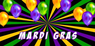 Uçan gerçekçi parlak balonların gösterişli temsili. Mardi Gras tatil etkinliği tasarımı için dekorasyon unsuru. Mardi Gras kutlaması. Balonlu Mardi Gras pankartı