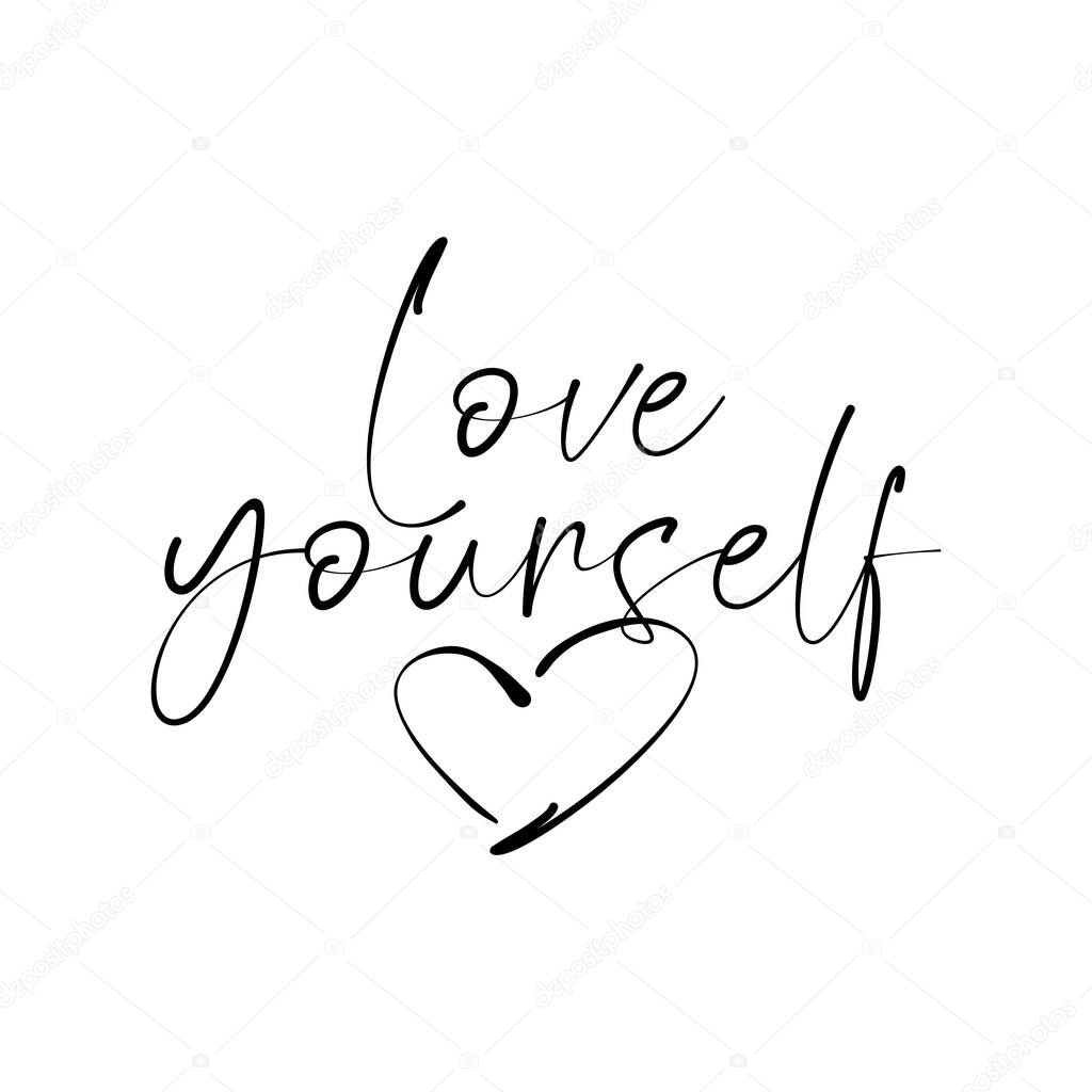 Love yourself quote. Self-care Single word. Modern calligraphy text love yourself Care. Design print for t shirt, pin label, badges, sticker, greeting card, banner. Vector illustration. Love Yourself