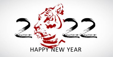 Kaplanın 2022 Yeni Yılı için Çin kaligrafisi içeren tebrik kartı tasarımı şablonu. Ay yeni yılı 2022. Tebrik kartı, davetiye, poster, pankart ve takvim için burç imzası