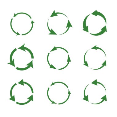 Vektör simgelerinin geri dönüşümü bio-kullanım paket şablonları. Yeşil ekolojik geri dönüşüm oku yeşil dairede. Yeşil daire oku, biyolojik geri dönüşüm işaretini tekrar kullan. Geri dönüşüm, geri dönüşümlü plastik ücretsiz paket şablonu