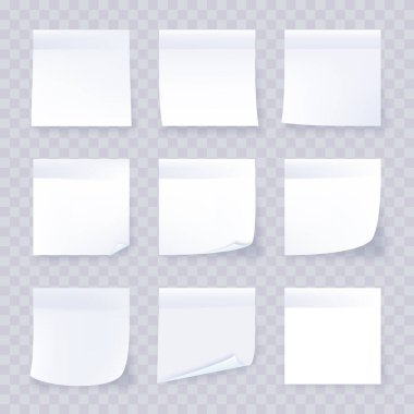 Şeffaf arkaplanda izole edilmiş gerçekçi beyaz çubuk notu. Gölgeli notlar al. Beyaz kağıt koleksiyonu