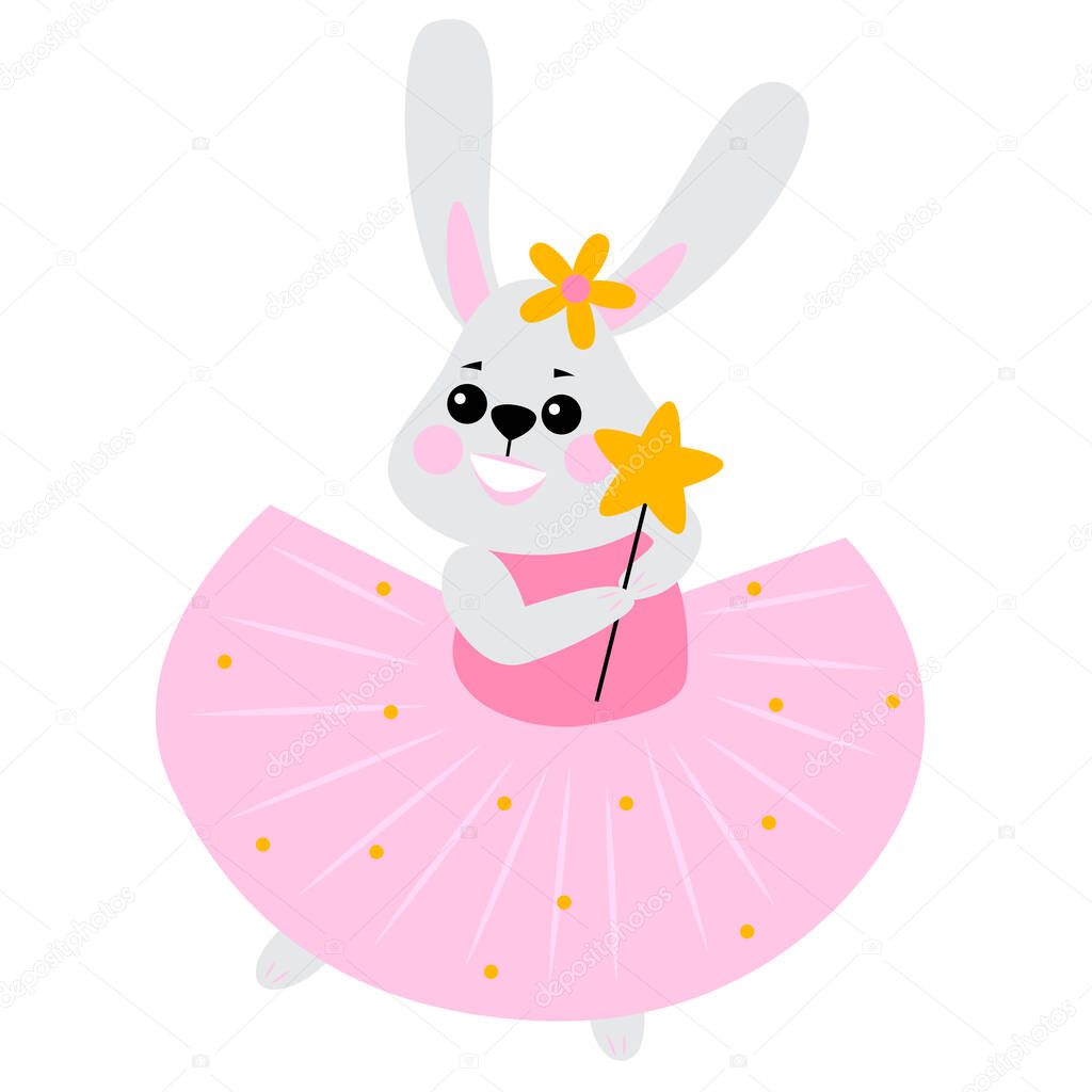 Cute Small Rabbit Girl Ballerina Dance Isolated. Ballet Dancer Baby Princess Character Jump Motion. Elegant Rabbit wear Pink Tutu Dress. Beautiful Kid Flat Cartoon Vector Illustration