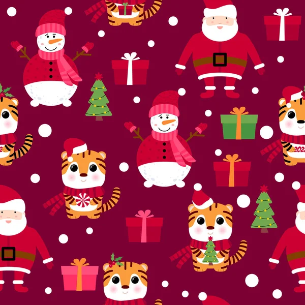 Kardan adam, Noel Baba, kaplan, hediye kutusu, Noel ağacı. 2022 kusursuz tatil geçmişi. Yeni yıl tasarımı. Kaplanın 2022 yılı. Noel sembolleri ile kusursuz desen