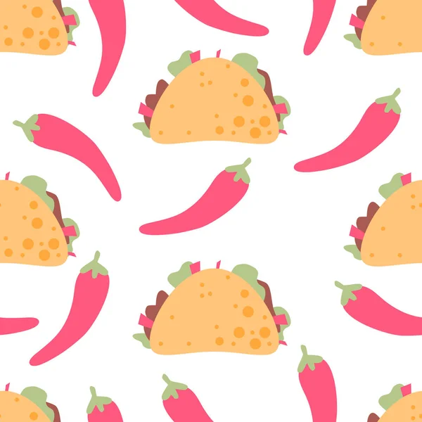 Chili Taco Desenli Meksika Yemekleri Pürüzsüz Lezzetli Taco Kırmızı Kağıt — Stok Vektör