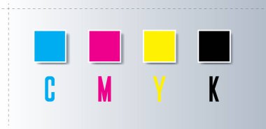 CMYK renk kavramı. Yazıcı mürekkebi ve toner sağlayıcısı, mektup baskı yazıcıları. CMYK tasarımı. CMYK arka plan vektör çizimi. CMYK renk kavramı. Yazıcı mürekkebi ve toneri sağlayıcı