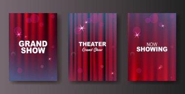 Tiyatro sahnesi. Kırmızı perdeler sahne, tiyatro ya da sahne ışıkları olan opera arka planı. Festival gecesi afişi