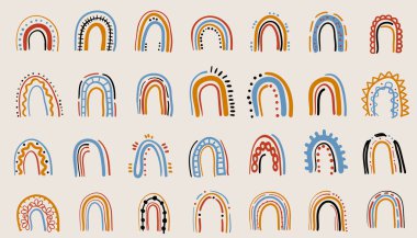 Soyut renkli gökkuşağı ile modern çizimler seti. Klasik parlak renklerle çizgili kemer. Basit vektör klibi çizimi ışık arkaplanında izole edildi. Şirin Çocuk Sanatları Seti