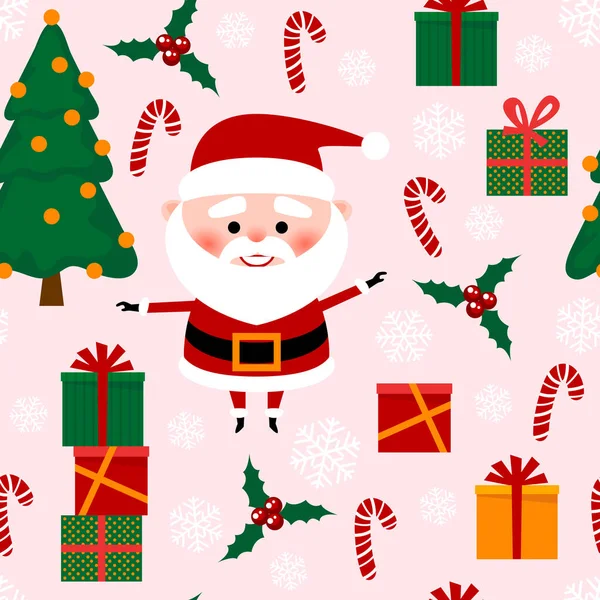 Nahtlose Weihnachtsmustervektorillustration Weihnachtsmann Weihnachtsbaum Geschenkbox Süßigkeiten Urlaub Design Winter Symbole — Stockvektor