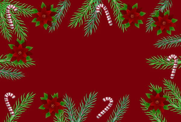 Karácsonyi Üdvözlőlap Fenyőágakkal Karácsonyi Határ Fenyőágakkal Virágokkal Édességekkel Vektor Háttér — Stock Vector