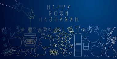 Shana Tova arka plan vektör çizimi. Rosh Hashanah sembolleri. Bal, çiçek, elma ve nar, incir meyvesi, şarap şişesi ve bardak.