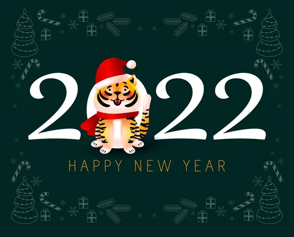 2022 Nový Rok Symbol Tygr Santovým Kloboukem Vektorové Kreslené Roztomilé — Stockový vektor