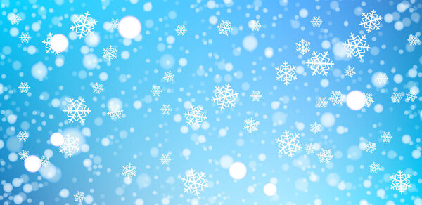 Winter blue sky vector illustration. Holiday background with falling snow for Christmas and New Year banners. Transparencies and meshes
