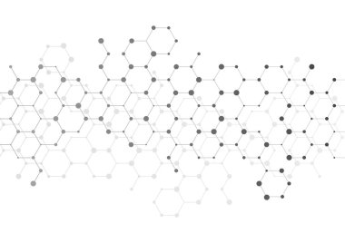 Altıgen moleküllü geometrik soyut arkaplan. Yenilikçi iş afişi. Teknoloji yenilik tasarımı, moleküler yapılar vektör çizimi