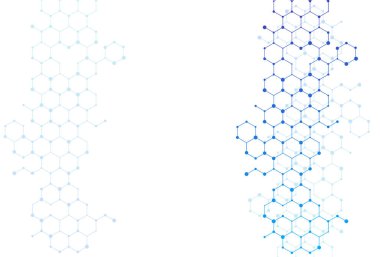 Altıgen moleküllü geometrik soyut arkaplan. Yenilikçi iş afişi. Teknoloji yenilik tasarımı, moleküler yapılar vektör çizimi