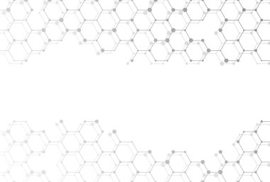 Altıgen moleküllü geometrik soyut arkaplan. Yenilikçi iş afişi. Teknoloji yenilik tasarımı, moleküler yapılar vektör çizimi