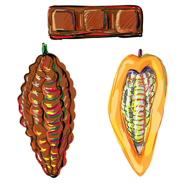 Haricot de cacao et un morceau de chocolat — Image vectorielle