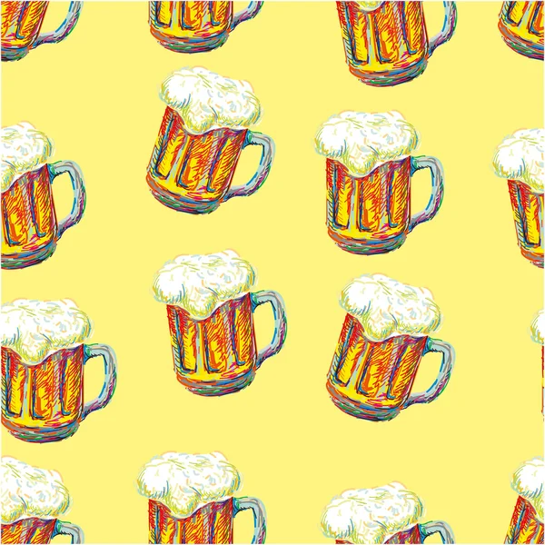 ビールマグカップ付きのシームレスなパターン — ストックベクタ