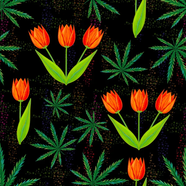 Liści konopi marihuany i tulipany — Wektor stockowy