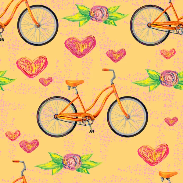 Bisikletler, çiçekler ve aşk Kalpler. — Stok Vektör