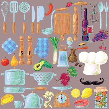 Kitchen cooking utensils and food set