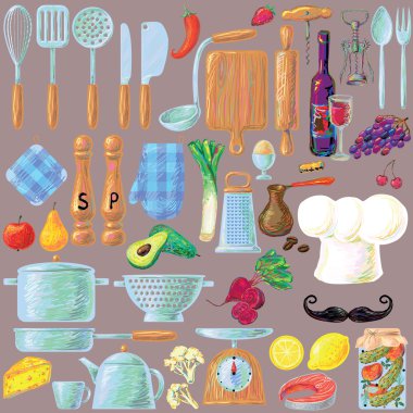 Kitchen cooking utensils and food set clipart