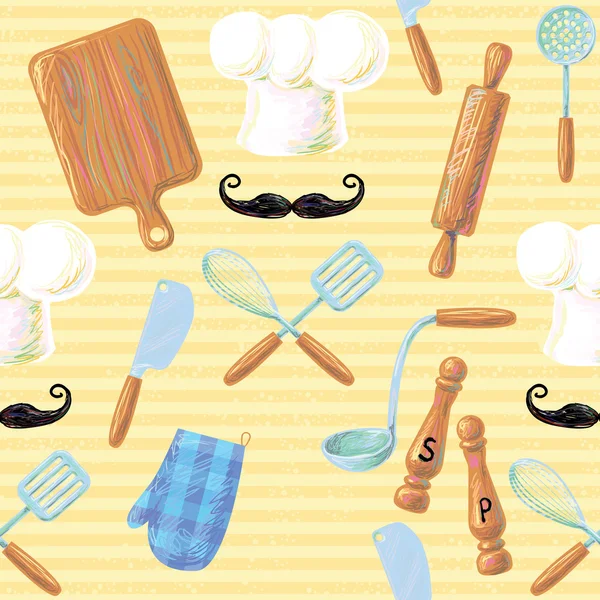 Seamless pattern with kitchen cooking tools. — Stock Vector