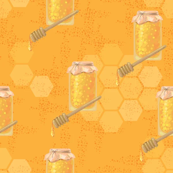 Seamless food pattern with jar of honey — ストックベクタ