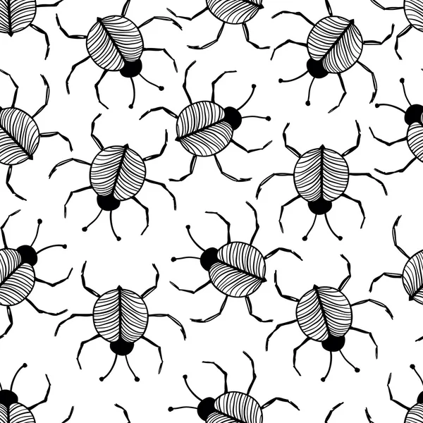 Patrón blanco y negro sin costuras con escarabajos — Archivo Imágenes Vectoriales