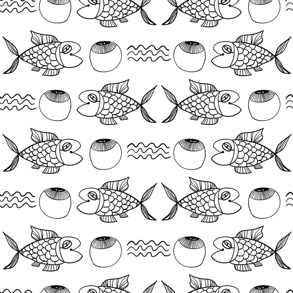 Patrón blanco y negro con peces decorativos — Archivo Imágenes Vectoriales