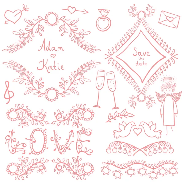 Matrimonio doodle set di elementi decorativi — Vettoriale Stock
