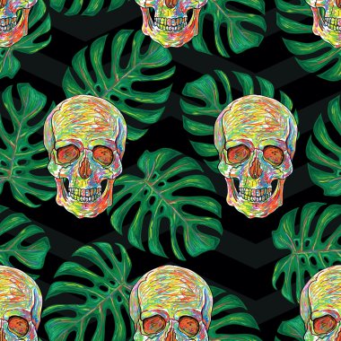 pattern with monstera leaves and skulls clipart