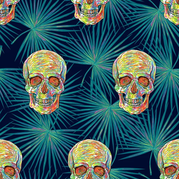 Motif avec feuilles de palmier et crânes — Image vectorielle