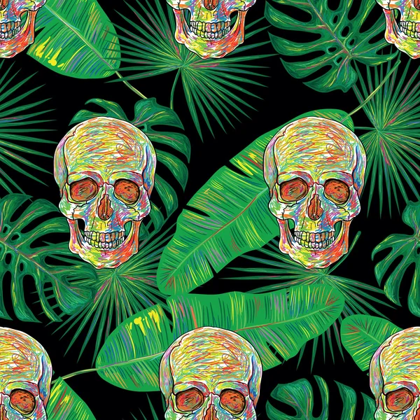 Motif avec feuilles et crânes — Image vectorielle