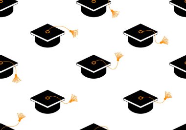 Seamless pattern of flying black square academic caps with gold tassel. Graduation