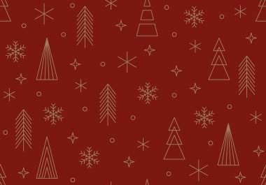 Noel ağacı, kar tanesi, altın yıldızlı kusursuz desen. Noel, açık arkaplanda altın renginde yeni yıl tasarımı. Modern vektör illüstrasyonu. Güzel tasarım. Noel dokusu