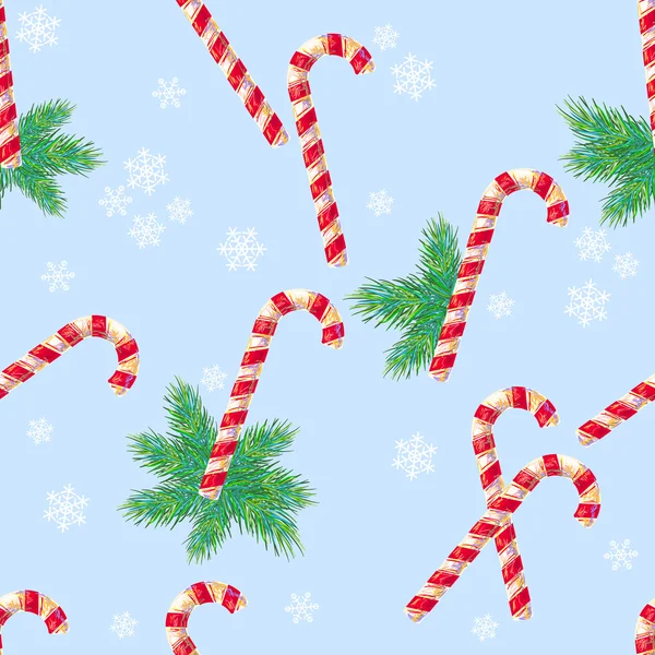 Pattern with candy canes and fir twigs — Stock Vector