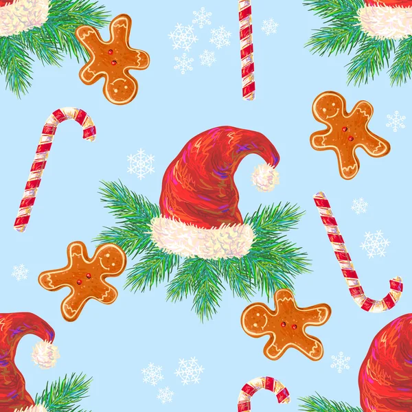 クリスマスの帽子、ジンジャー クッキー、キャンディー、モミ — ストックベクタ