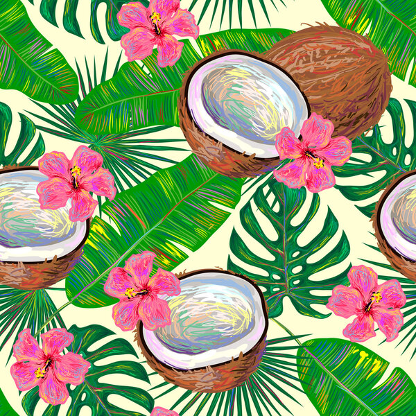 Seamless pattern with coconuts and flowers