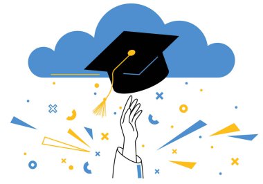Mezuniyet vektör illüstrasyonu. Öğrenci eli, gökyüzünde şapka. Eğitim mezuniyetini tebrik pankartı. Mezuniyet afişini kutlayın. Eğitim, öğrenme, okula dönüş, çevrimiçi kurs ve eğitim, uzaktan eğitim ve e-öğrenme sancakları
