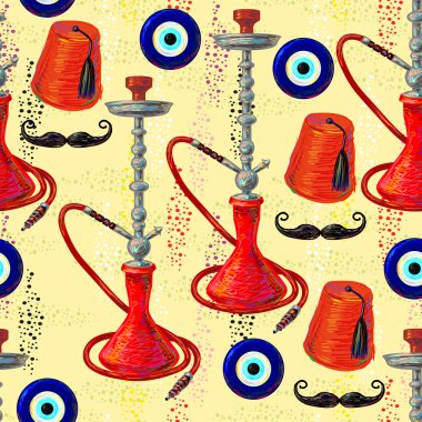 Fez, bıyık, nargile ve gözleri ile desen