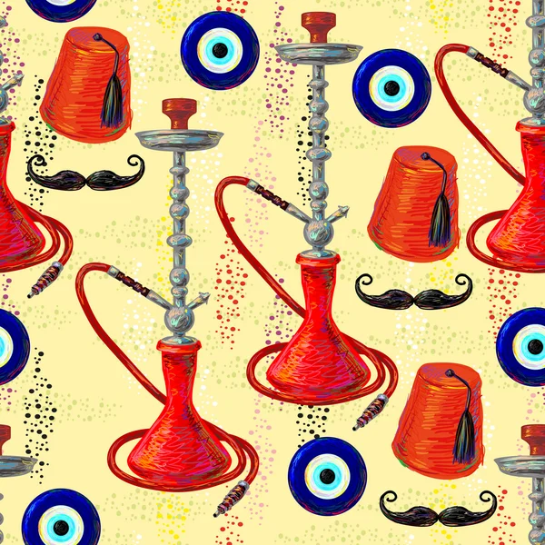 Pattern with fez, mustache, hookahs and eyes — Stock Vector