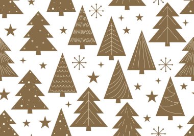 Noel ağacı, kar tanesi, altın yıldızlı kusursuz desen. Noel, açık arkaplanda altın renginde yeni yıl tasarımı. Modern vektör illüstrasyonu. Güzel tasarım. Noel dokusu