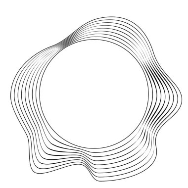 Dinamik dalgalı çizgileri olan yuvarlak kıvrımlı çerçeve. Dinamik dalgalı çizgileri olan yuvarlak kıvrımlı çerçeve. Beyaz arka planda siyah dalgalı daireler. Tasarım elemanı. Vektör illüstrasyonu